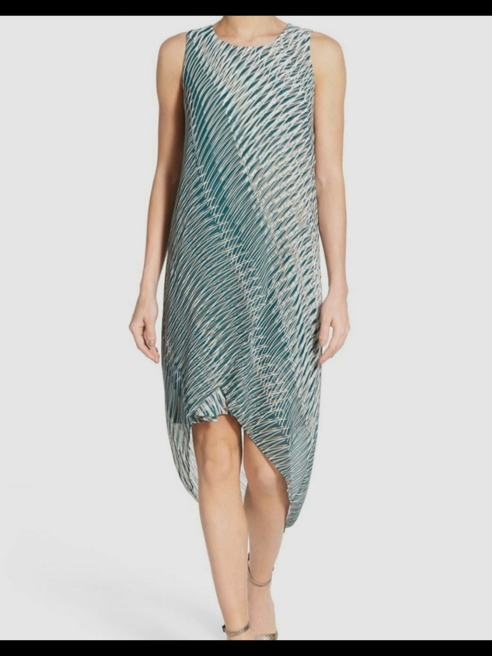 NIC+ZOE Green and Cream Sleeveless Asymmetric High-Low Midi Dress 2X (6714)